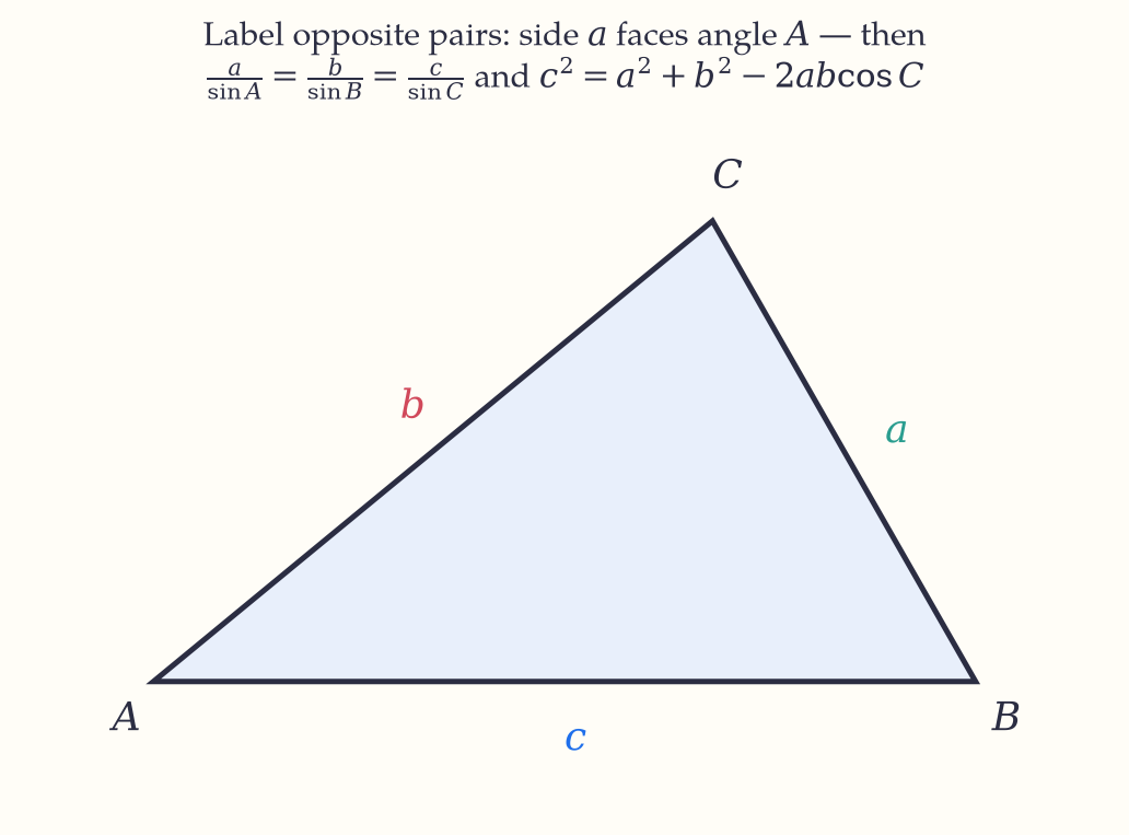 A general triangle lettered so that each side faces the angle of the same letter: side a opposite angle A, side b opposite B, side c opposite C.